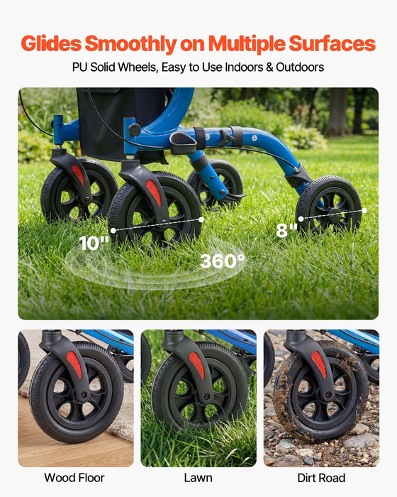 Rollator Walker with Seat for Seniors, Foldable Rolling Walker, Lightweight Aluminum Mobility Walking Aid with PU Solid Wheels, Adjustable Handle, Storage Bag, Cup/Cane Holder - Supports 136kg