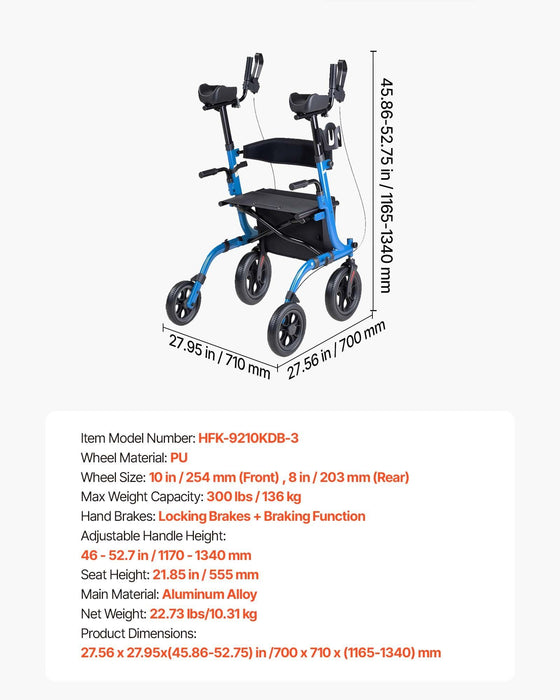 Rollator Walker with Seat for Seniors, Foldable Rolling Walker, Lightweight Aluminum Mobility Walking Aid with PU Solid Wheels, Adjustable Handle, Storage Bag, Cup/Cane Holder - Supports 136kg