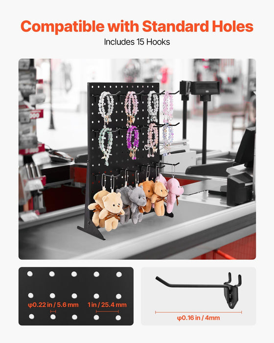 Pegboard Display Stand, 43 x 33 cm Tabletop Pegboard Display Stand with 15 Hooks, Thickened Cold-Rolled Steel Peg Board Panel for Grocery, Retail Store and Jewelry Shop, Black (1 PCS)