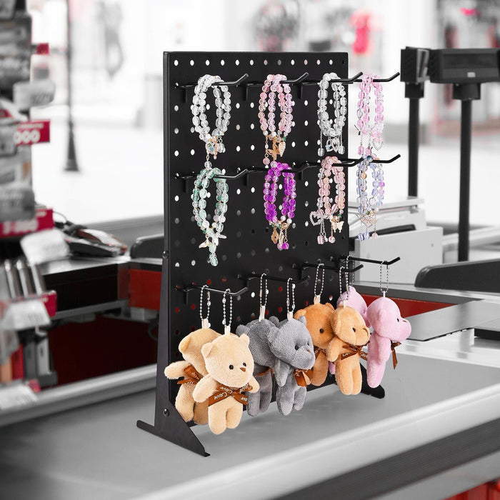 Pegboard Display Stand, 43 x 33 cm Tabletop Pegboard Display Stand with 15 Hooks, Thickened Cold-Rolled Steel Peg Board Panel for Grocery, Retail Store and Jewelry Shop, Black (1 PCS)