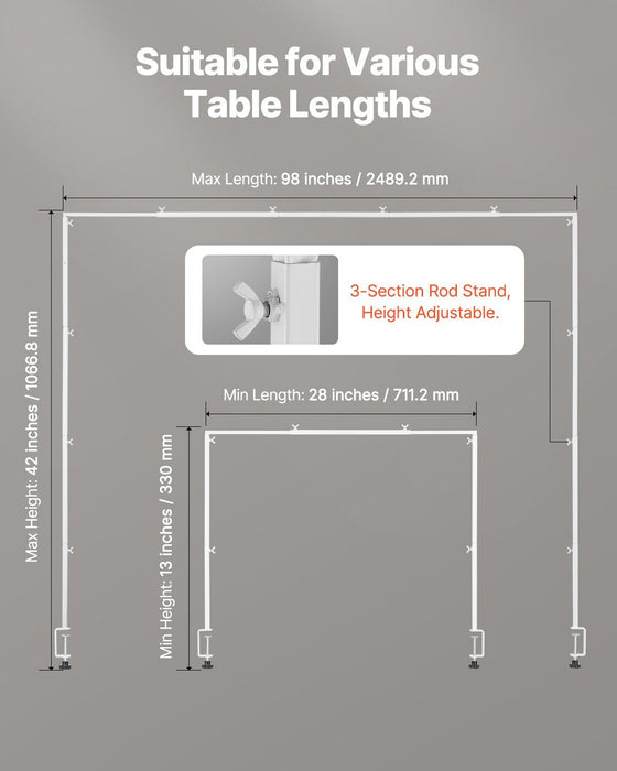 Over The Table Rod Stand with Clamps, 13"-42'' Tall & 28"-98" Length Adjustable, Metal Table Arch Stand, Tabletop Balloon Arch Frame for Wedding Birthday Party Christmas Decorations, White