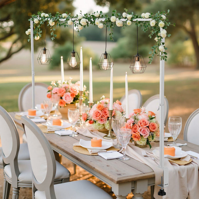 Over The Table Rod Stand with Clamps, 13"-42'' Tall & 28"-98" Length Adjustable, Metal Table Arch Stand, Tabletop Balloon Arch Frame for Wedding Birthday Party Christmas Decorations, White