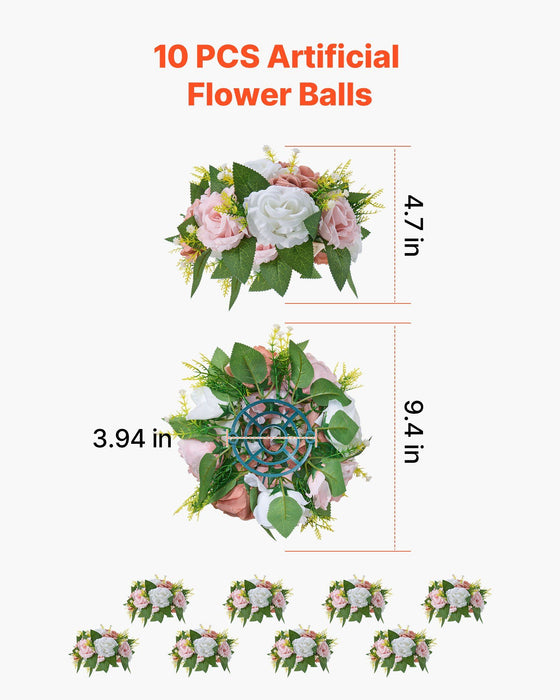 Flower Ball Arrangement Bouquet 10PCS, 240 mm Diameter Artificial Flower Balls Wedding Table Centerpieces, Faux Rose Arrangements for Wedding Centerpiece Home Decoration, Pink and White Roses