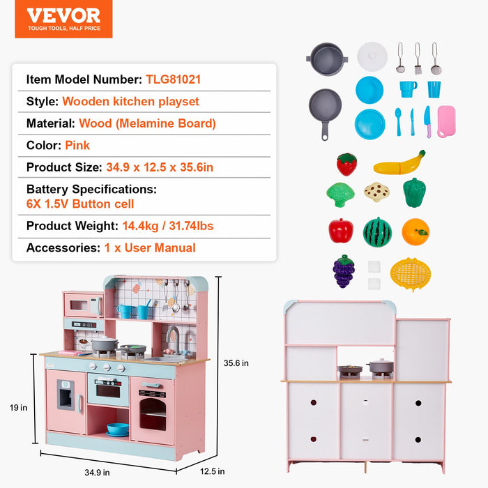 VEVOR Kitchen Playset Kids Pretend Cooking Play Toy 24 Piece Accessories Pink