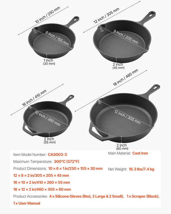 Cast Iron Skillet, 4 Pcs Frying Pan Set (155, 205, 260, 305 mm), Skillets with Heat-Resistant Silicone Handle, Pre-Seasoned Chef's Pan, Kitchen Cookware, Oven, Gas, Electrical, Induction, Black