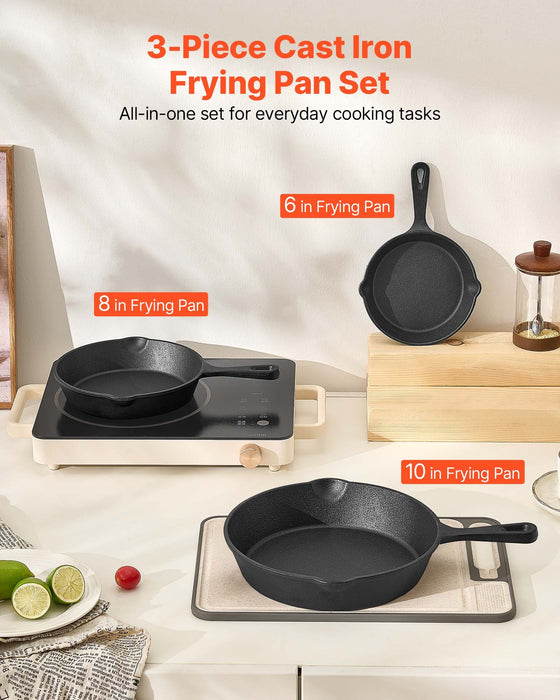 VEVOR Cast Iron Skillet, 3 Pcs Frying Pan Set (160, 220, 265 mm), Heavy-Duty Skillets with Heat-Resistant Handle, Pre-Seasoned Chef's Pan, Kitchen Cookware, for Oven, Gas, Electrical, Induction, Black