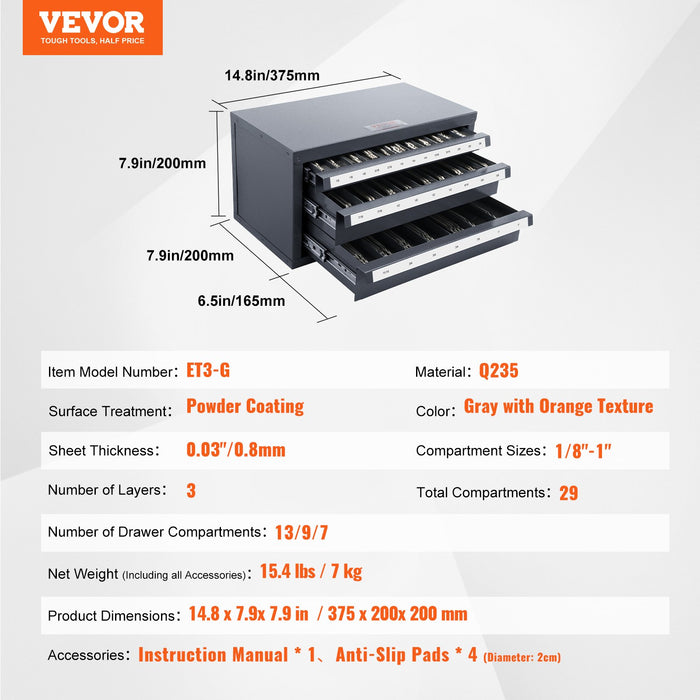 VEVOR End Mill Dispenser Cabinet, Three-Drawer End Mill Organizer Cabinet for 1/8" to 1", Steel End Mill Dispenser Organizer Cabinet with Labels, 29-Compartment Stackable for End Mill Storage