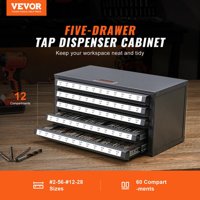 Tap Dispenser Cabinet, Five-Drawer Tap Organizer Cabinet for #2-56-#12-28 Steel Tap Dispenser Organizer Cabinet with Labels, 60-Compartment Stackable Tap Cabinet for Tap Storage