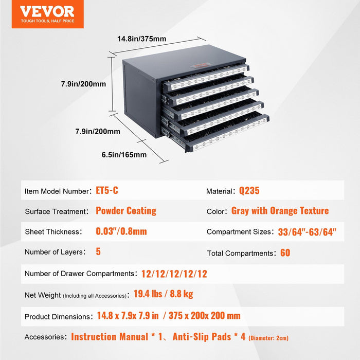 Drill Bit Dispenser Cabinet, Five-Drawer Drill Bit Organizer Cabinet for 33/64" to 63/64" Steel Drill Dispenser Organizer Cabinet with Labels, Stackable Drill Dispenser for Drill Bit Storage