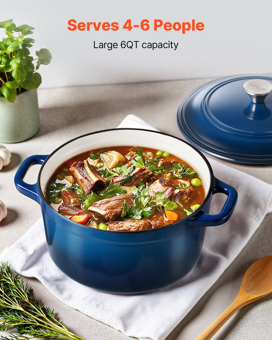 VEVOR Enameled Cast Iron Dutch Oven, 5.7L Pot with Lid and Dual Handles, Heavy-Duty Durable Cookware Pan, Oven Induction Compatible up to 260 ℃, for Braising, Stews, Roasting, Bread Baking, Blue