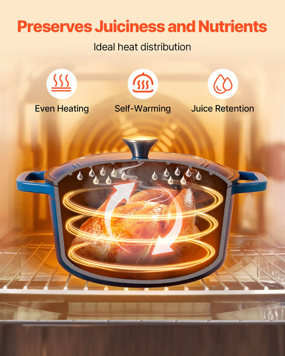 VEVOR Enameled Cast Iron Dutch Oven, 5.7L Pot with Lid and Dual Handles, Heavy-Duty Durable Cookware Pan, Oven Induction Compatible up to 260 ℃, for Braising, Stews, Roasting, Bread Baking, Blue
