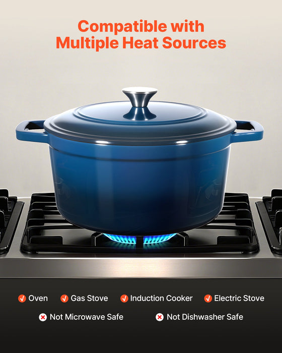 VEVOR Enameled Cast Iron Dutch Oven, 5.7L Pot with Lid and Dual Handles, Heavy-Duty Durable Cookware Pan, Oven Induction Compatible up to 260 ℃, for Braising, Stews, Roasting, Bread Baking, Blue