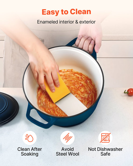 VEVOR Enameled Cast Iron Dutch Oven, 5.7L Pot with Lid and Dual Handles, Heavy-Duty Durable Cookware Pan, Oven Induction Compatible up to 260 ℃, for Braising, Stews, Roasting, Bread Baking, Blue