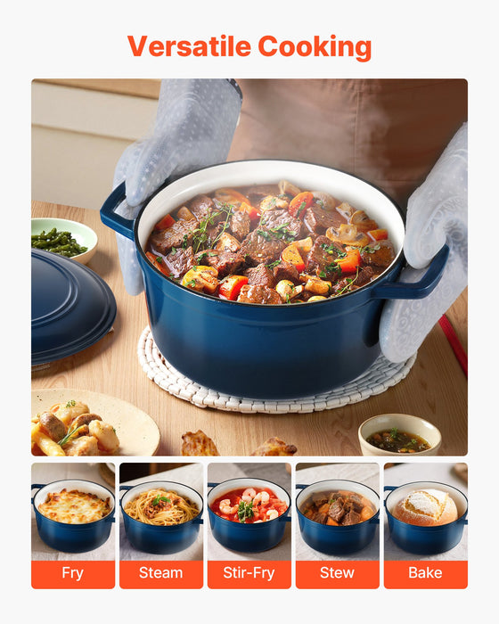 VEVOR Enameled Cast Iron Dutch Oven, 5.7L Pot with Lid and Dual Handles, Heavy-Duty Durable Cookware Pan, Oven Induction Compatible up to 260 ℃, for Braising, Stews, Roasting, Bread Baking, Blue