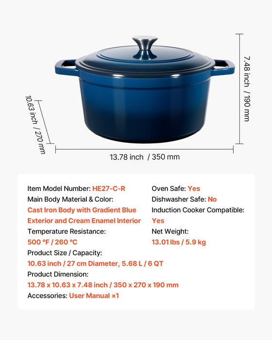 VEVOR Enameled Cast Iron Dutch Oven, 5.7L Pot with Lid and Dual Handles, Heavy-Duty Durable Cookware Pan, Oven Induction Compatible up to 260 ℃, for Braising, Stews, Roasting, Bread Baking, Blue