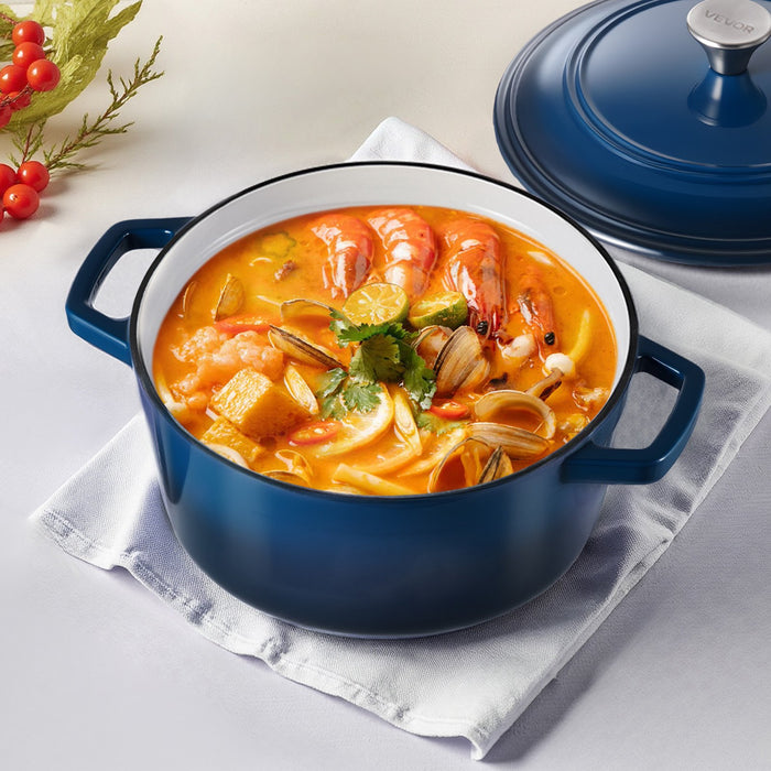 VEVOR Enameled Cast Iron Dutch Oven, 5.7L Pot with Lid and Dual Handles, Heavy-Duty Durable Cookware Pan, Oven Induction Compatible up to 260 ℃, for Braising, Stews, Roasting, Bread Baking, Blue