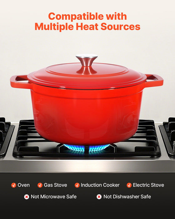 Enameled Cast Iron Dutch Oven, 5.7L Pot with Lid and Dual Handles, Heavy-Duty Durable Cookware Pan, Oven Induction Compatible up to 260 ℃, for Braising, Stews, Roasting, Bread Baking, Red