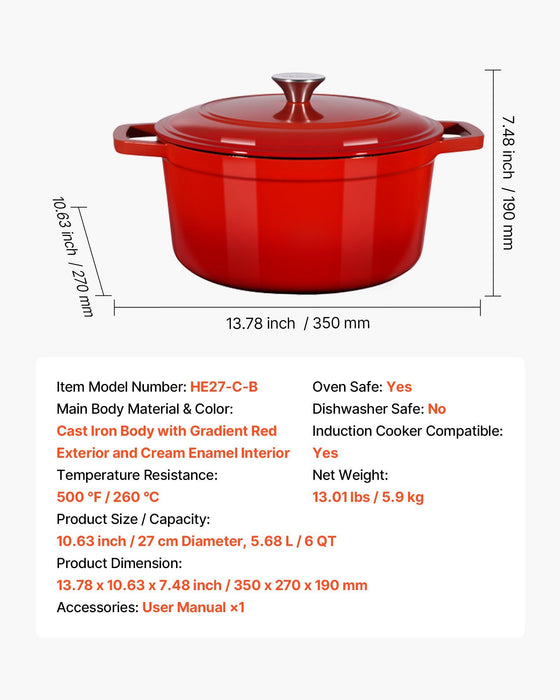 Enameled Cast Iron Dutch Oven, 5.7L Pot with Lid and Dual Handles, Heavy-Duty Durable Cookware Pan, Oven Induction Compatible up to 260 ℃, for Braising, Stews, Roasting, Bread Baking, Red