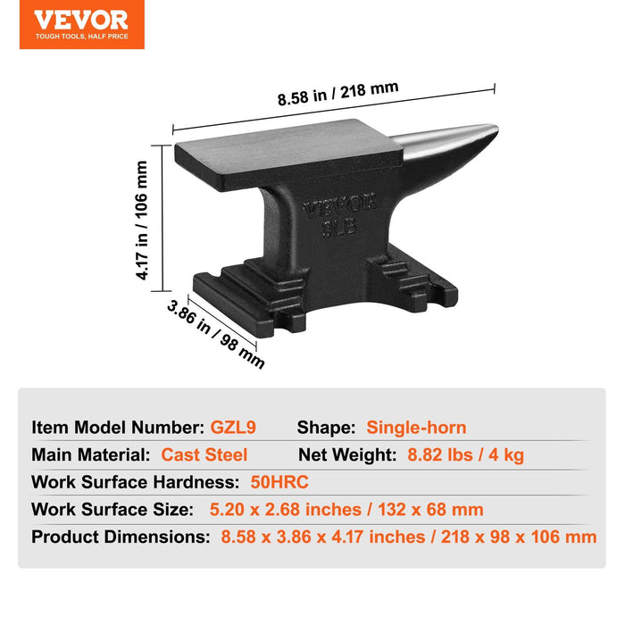 Single Horn Anvil, 8.8Lbs Cast Steel Anvil, High Hardness Rugged Round Horn Anvil Blacksmith, Compact Design and Stable Base, Forge Tools and Equipment, Metalsmith Tool for Bending and Shaping