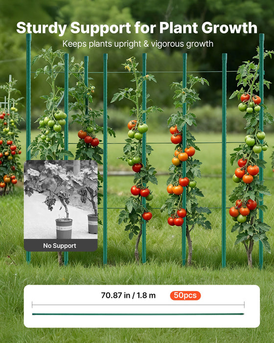 VEVOR Garden Stakes, 50 Pack, 1800 mm, Plastic Coated Metal Tomato Stakes, Garden Sticks for Plants Support, with Pointed End and Non-Slip Bumps for Growing Climbing Plants, Outdoor Vegetables