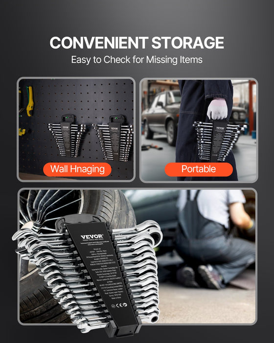 VEVOR Combination Wrench Set, 16-Piece Ratcheting Wrench Set with Organizer Rack, Cr-V Steel Wrench Set Metric 8 mm to 24 mm, Ideal for General Household, Garage, Workshop, Auto Repairs, Emergency