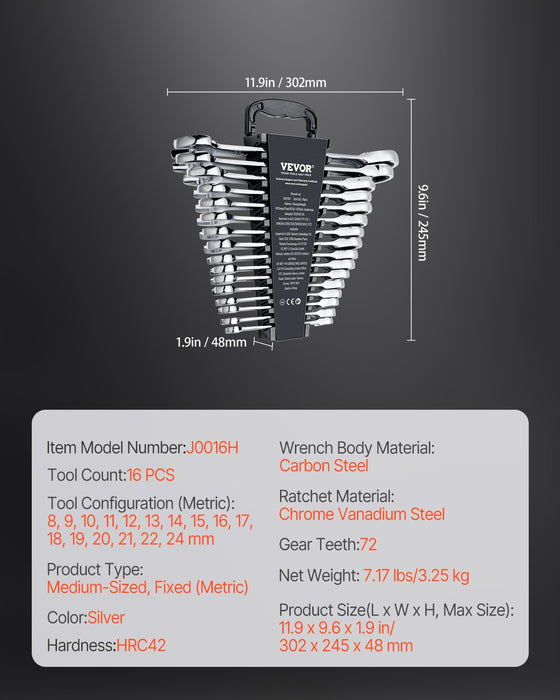 VEVOR Combination Wrench Set, 16-Piece Ratcheting Wrench Set with Organizer Rack, Cr-V Steel Wrench Set Metric 8 mm to 24 mm, Ideal for General Household, Garage, Workshop, Auto Repairs, Emergency