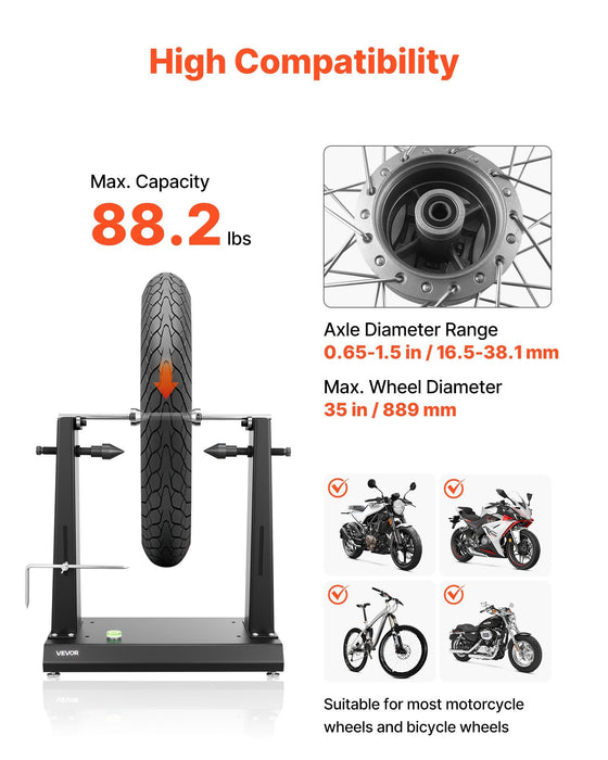 Motorcycle Wheel Balancer, 40 kg Capacity, Tire Balancer & Truing Stand with Adjustable Centering Cones and Truing Pointer, Balancing Tools for Most Motorcycles & Bicycles, 889 mm Wheel Dia