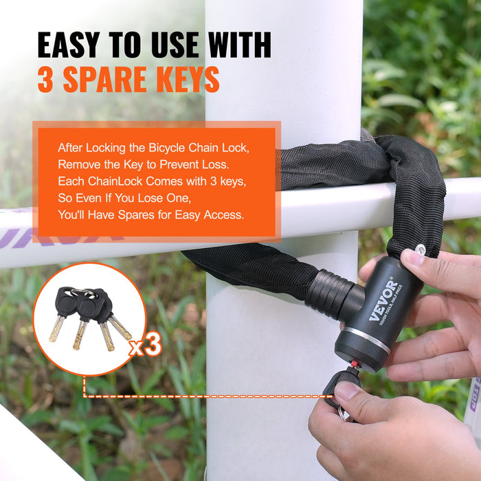 VEVOR Bike Chain Lock, 3.94 Ft Combination Bicycle Chain Lock with 3 Keys, Heavy Duty Anti-Theft High Security Bike Locks, Perfect for Bike, Motorcycle, Scooter, Bicycle, Door, Fence or Gate, 10mm