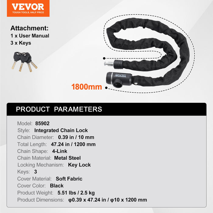 VEVOR Bike Chain Lock, 3.94 Ft Combination Bicycle Chain Lock with 3 Keys, Heavy Duty Anti-Theft High Security Bike Locks, Perfect for Bike, Motorcycle, Scooter, Bicycle, Door, Fence or Gate, 10mm