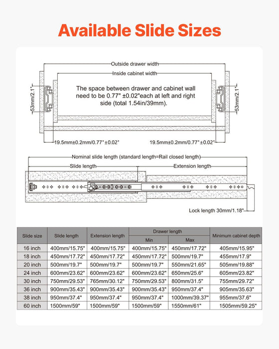 1 Pair Full Extension Drawer Slides 16 18 20 24 30 35 38 59 32 36 40 48 60 in, 250 lbs Load Capacity Locking Drawer Slides, Ball Bearing with Lock Side Mount Drawer Slide Rail