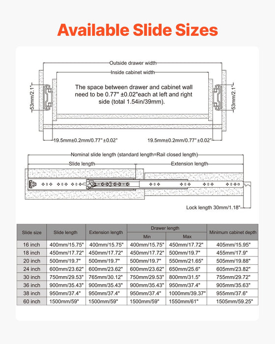 VEVOR 1 Pair 16-60 in Soft-Close Drawer Slides Ball Bearing Full Extension