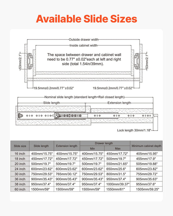 VEVOR 1 Pair 16-60 in Soft-Close Drawer Slides Ball Bearing Full Extension
