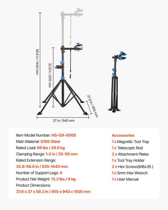 VEVOR Bike Repair Stand, 29.9 kg Heavy-duty Bicycle Work Stand with 835-1440 mm Adjustable Height & Magnetic Tool Tray, Foldable Bicycle Maintenance Rack, Shop Home Mechanics for Mountain & Road Bike