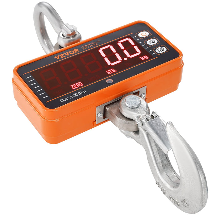 VEVOR Digital Crane Scale, 2200 lbs/1000 kg, Industrial Heavy Duty Hanging Scale with Remote Control, Cast Aluminum Case & LED Screen, High Precision for Construction, Factory, Farm, Hunting (Orange)