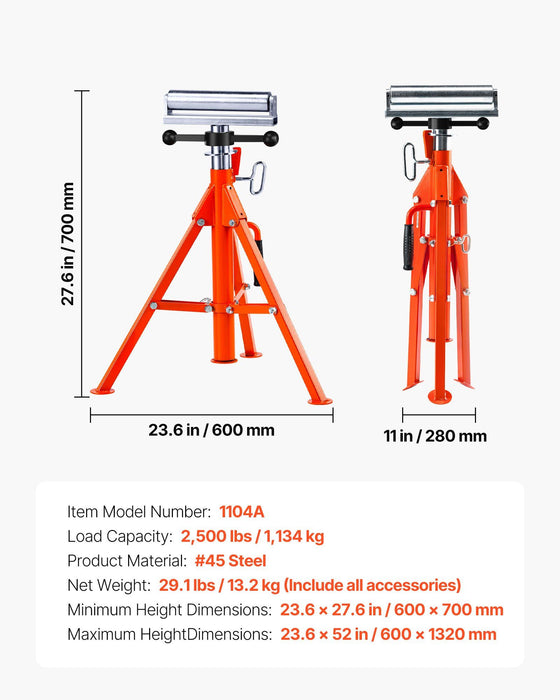 Roller Stand, Heavy Duty 1136 KG Load Capacity, 27.6"-52" Height Adjustable, 45# Steel Folding Roller Support Stand for Pipes, Wooden Boards