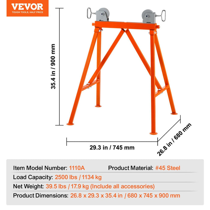 Pipe Stand with Roller Head 2500 LBS Load for 2-36 inches Pipes 45# Steel