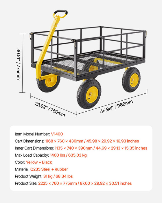 VEVOR 1400 Lbs Steel Garden Cart, Heavy Duty Pullable Garden Wagon Yard Cart, 2 in 1 Outdoor Metal Utility Wagon Yard Trailer with 13" All Terrain Tires, Mesh Removable Sides and 180°Rotating Handle