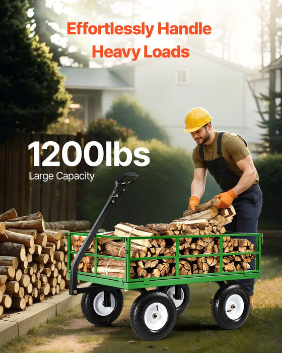 1200 Lbs Steel Garden Cart, Heavy Duty Pullable Garden Wagon Yard Cart, 2 in 1 Outdoor Metal Utility Wagon Yard Trailer with 13" All Terrain Tires, Mesh Removable Sides and 180°Rotating Handle