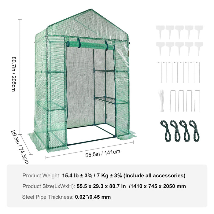 VEVOR Walk-in Green House, 4.6 x 2.4 x  6.7 ft  Greenhouse with Shelves, Set Up in Minutes, High Strength PE Cover with Doors & Windows and Steel Frame, Suitable for Planting and Storage, Green