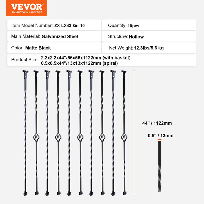 VEVOR Staircase Metal Balusters, 44'' x 1/2" Galvanized Steel Decorative Banister Spindles, 10 Pack Deck Baluster with Hollow Single Baskets, Twists, Spiral Stair Railing w/ Shoes & Screws