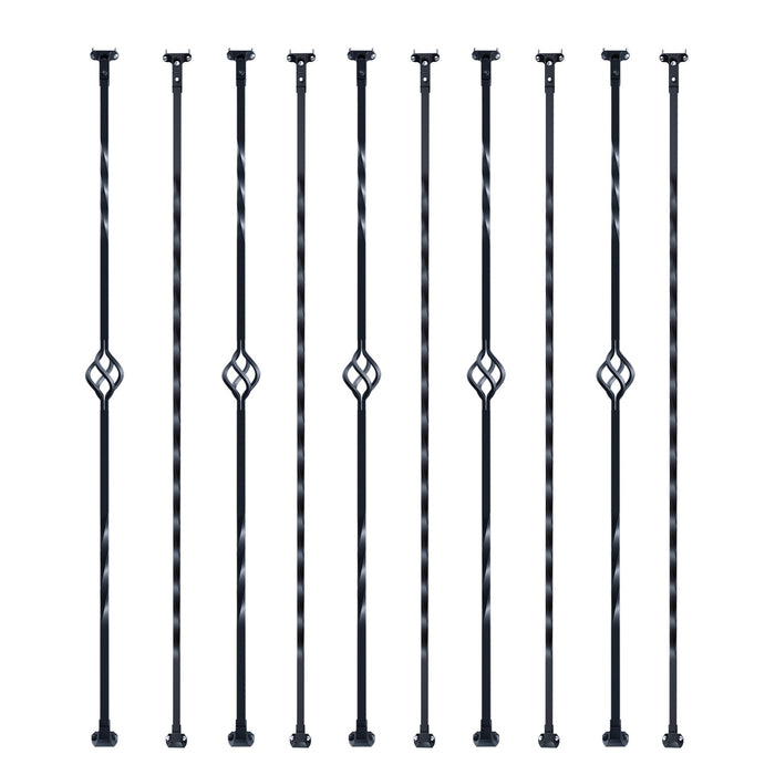 VEVOR Staircase Metal Balusters, 44'' x 1/2" Galvanized Steel Decorative Banister Spindles, 10 Pack Deck Baluster with Hollow Single Baskets, Twists, Spiral Stair Railing w/ Shoes & Screws