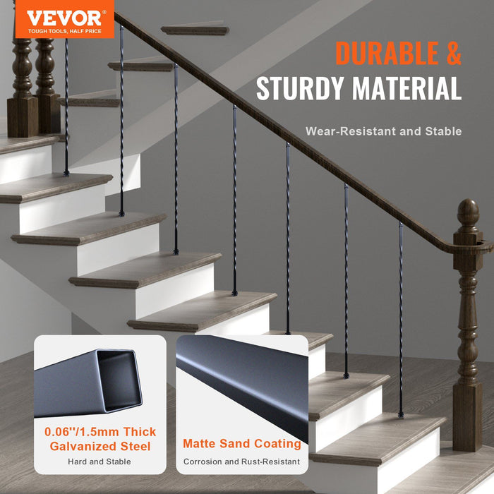 Staircase Metal Balusters, 44'' x 1/2" Galvanized Steel Decorative Banister Spindles, 10 Pack Deck Baluster with Hollow Twists, Satin Black Spiral Stair Railing with Shoes & Screws