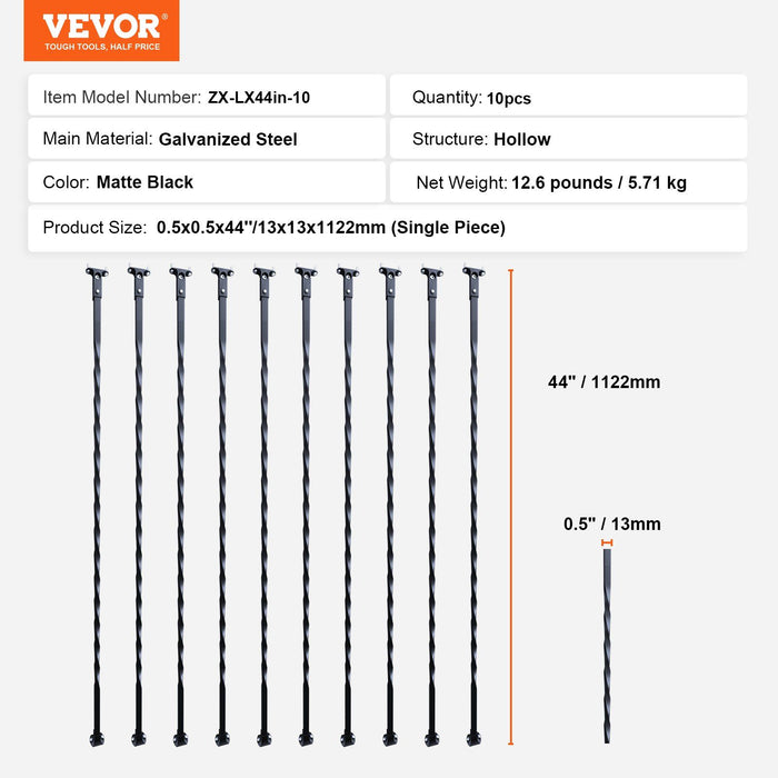 Staircase Metal Balusters, 44'' x 1/2" Galvanized Steel Decorative Banister Spindles, 10 Pack Deck Baluster with Hollow Twists, Satin Black Spiral Stair Railing with Shoes & Screws