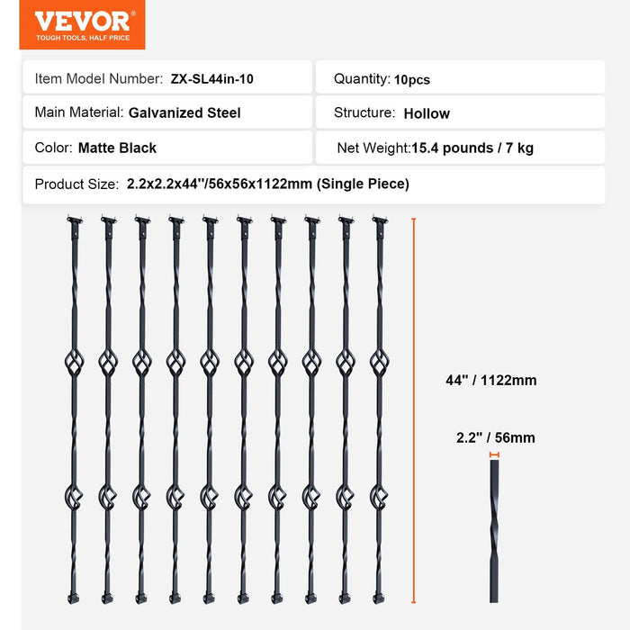 Staircase Metal Balusters, 44'' x 1/2" Galvanized Steel Decorative Banister Spindles, 10 Pack Deck Baluster with Hollow Double Baskets, Spiral Stair Railing with Shoes & Screws