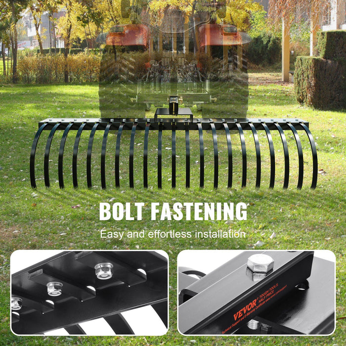 Tow Behind Landscape Rake, 1.5m Tow Dethatcher with 21 Steel Coil Tines, Lawn Dethatcher Rake Attaches to 1.2m or 15m Toolbars and 3-point Suspension Systems, for Leaves, Pine Needles, and Grass