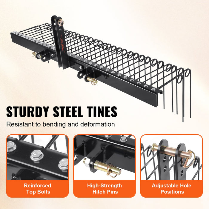 VEVOR Tow Behind Landscape Rake, 1.8m Tow Dethatcher with 32 Steel Tines, Lawn Dethatcher Rake Attaches to Category 1, 3 Point Hitch for Tractor, for Leaves, Pine Needles, Straw, and Grass