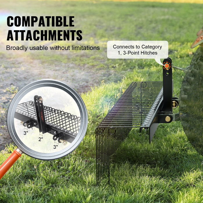 VEVOR Tow Behind Landscape Rake, 1.8m Tow Dethatcher with 32 Steel Tines, Lawn Dethatcher Rake Attaches to Category 1, 3 Point Hitch for Tractor, for Leaves, Pine Needles, Straw, and Grass