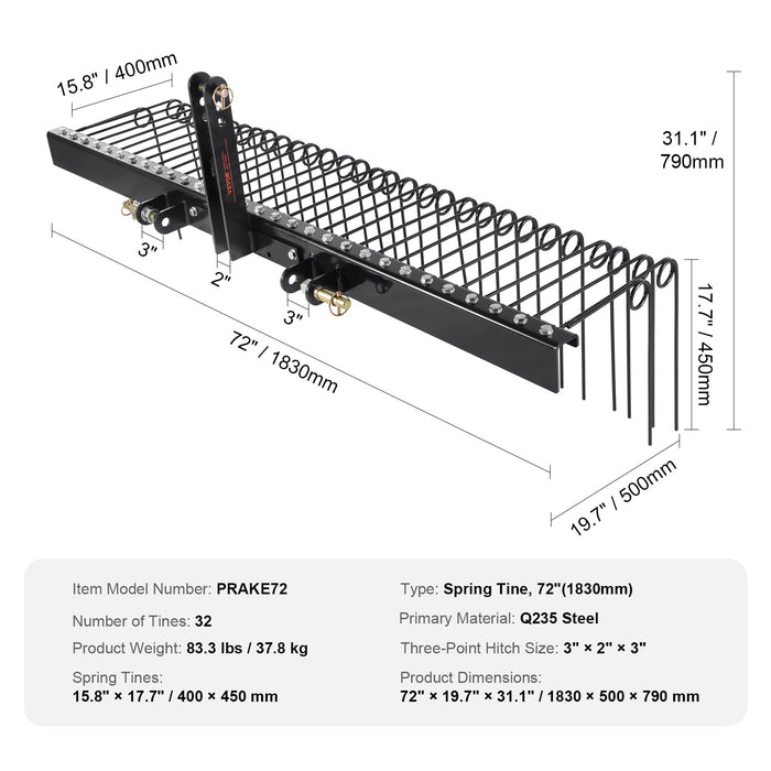 VEVOR Tow Behind Landscape Rake, 1.8m Tow Dethatcher with 32 Steel Tines, Lawn Dethatcher Rake Attaches to Category 1, 3 Point Hitch for Tractor, for Leaves, Pine Needles, Straw, and Grass