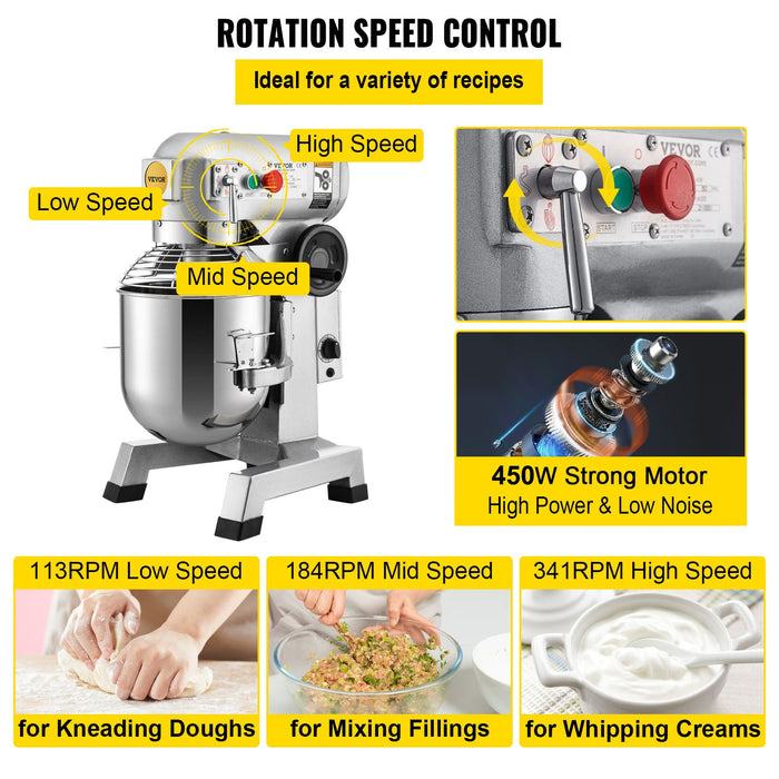 VEVOR Professional Kitchen Mixer, 10Qt Capacity with Timer, 450W Stainless Steel Bowl Durable Electric Mixer for Commercial Use, 3 Speed Options 113/184/341 RPM, Includes Dough Hook & Whisk