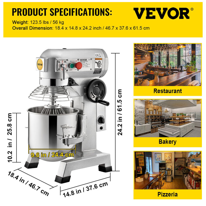 VEVOR Professional Kitchen Mixer, 10Qt Capacity with Timer, 450W Stainless Steel Bowl Durable Electric Mixer for Commercial Use, 3 Speed Options 113/184/341 RPM, Includes Dough Hook & Whisk